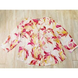J‎ M Collection 16 100% Linen Top Blouse Shirt White Pink Yellow Floral Button